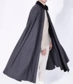 Mens Alfonso Long Grey Wool Cape with smooth grey wool drape and refined long cape shape