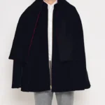 Mens Byron Black Wool Cape with clean black wool drape, stand up collar, and refined cape shape
