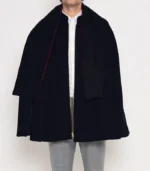 Mens Byron Black Wool Cape with clean black wool drape, stand up collar, and refined cape shape