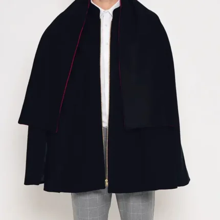Mens Byron Black Wool Cape with clean black wool drape, stand up collar, and refined cape shape