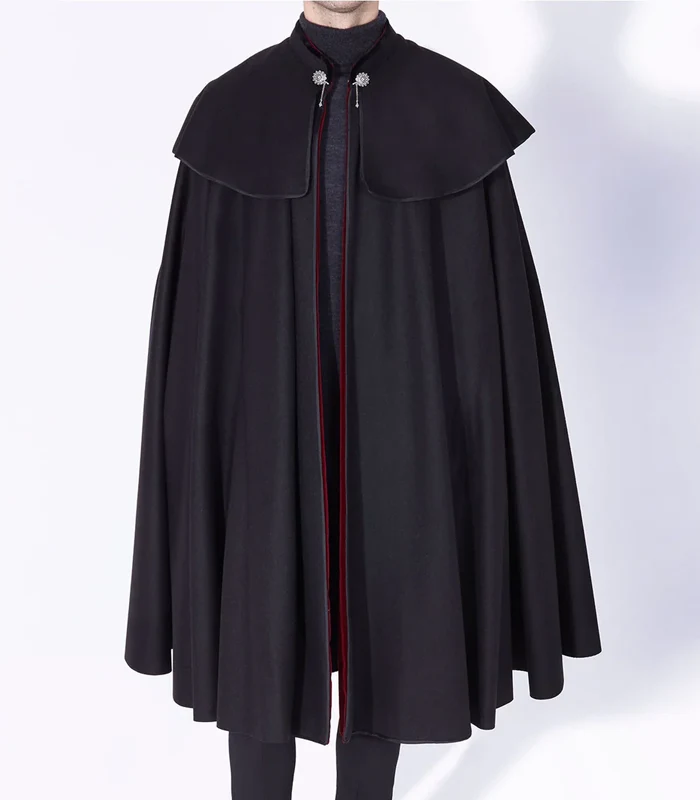 Mens Classic 1901 Wool Cloak Mens Classic 1901 Wool Cloak with black burgundy color, long wool drape, and refined men’s cape look