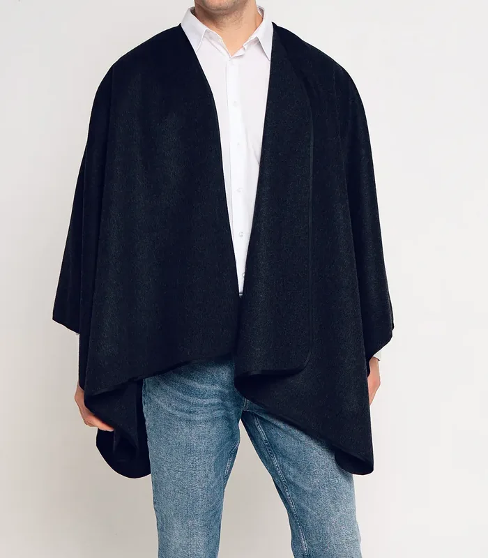 Mens Clint Wool Poncho Charcoal Mens Clint Wool Poncho Charcoal with premium wool look, open front cut, and relaxed men’s fit