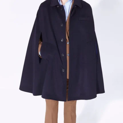 Mr Darcy Navy Wool Cape with navy wool body, satin lining, button front, and timeless cape silhouette