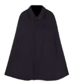 Mr Darcy Navy Wool Cape front view with rich navy tone, button front detail, and shirt style collar