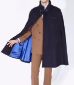 Mr Darcy Navy Wool Cape in rich navy wool with open button front and clean classic menswear shape